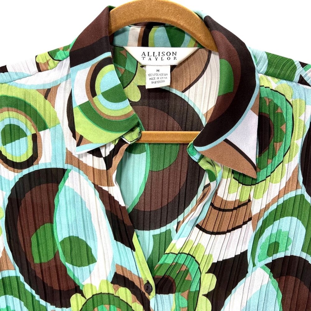 Allison Taylor Blouse Boho Hippie Green Abstract 3/4 Bell Sleeve Pleated Med Top - Picture 3 of 12